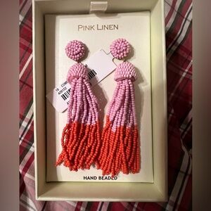NWT-Pink Linen Hand Beaded Tassel Earrings